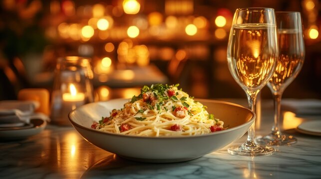 Creamy pasta dish, candles, champagne - Powered by Adobe