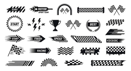 Racing Flags and Checkered Finish Line Design Elements Set   Motorsport Icons for Speed, Start, Finish, and Victory © Shameem