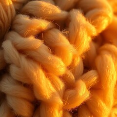 A close-up shot of wool texture bathed in warm golden hour light, showcasing detailed fibers and soft shadows, reminiscent of sunrise or sunset.
