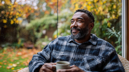 Fototapeta premium A smiling senior black man enjoying a cup of coffee while looking out the window.