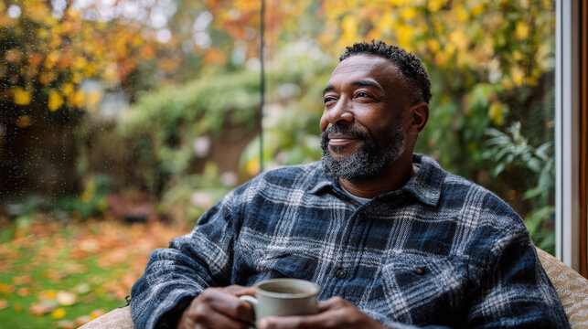 A smiling senior black man enjoying a cup of coffee while looking out the window.