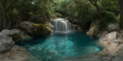 Naklejka premium Nature waterfall scene lush forest hdr 360 degrees hdri view