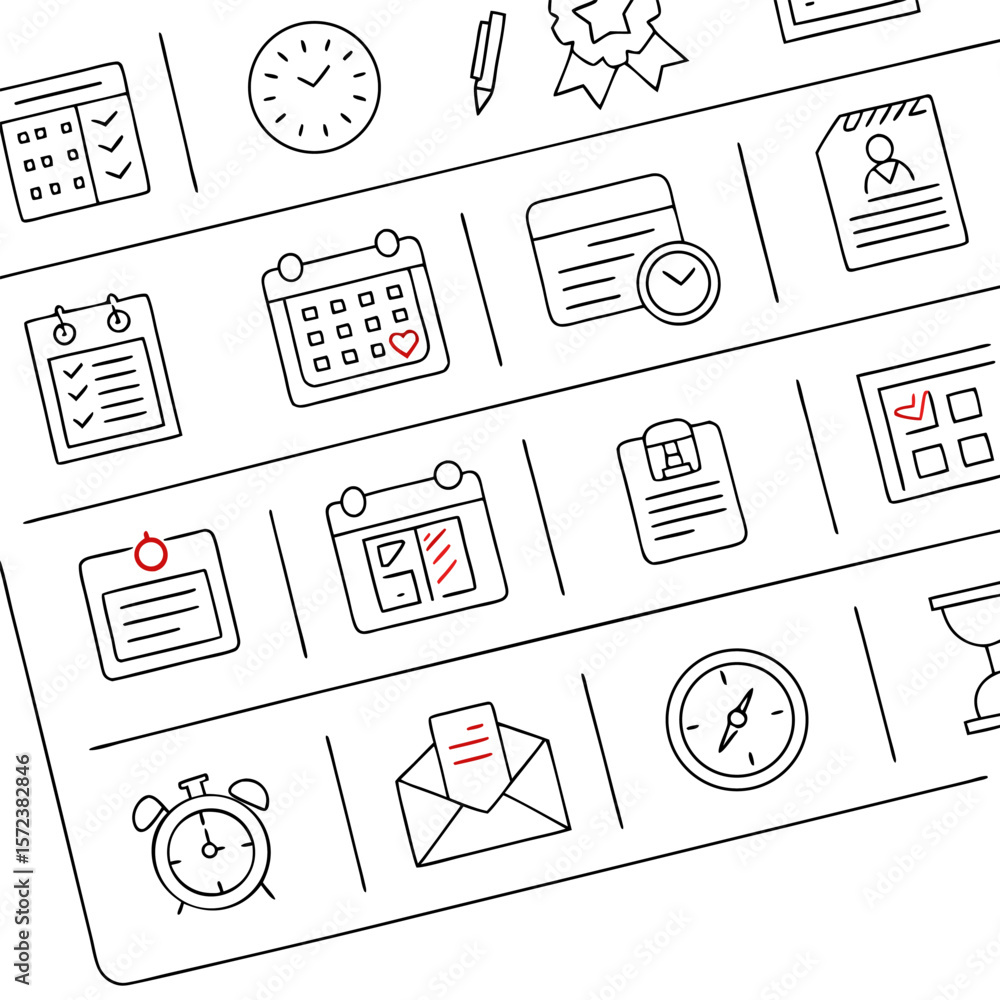 Poster outline drawing of a planner with calendar clock pen ribbon and other icons in a grid pattern design