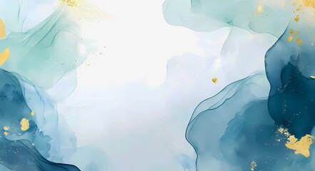 Abstract flowing watercolor ink wash with gold leaf accents in shades of deep blue and teal creating a luxurious and elegant background