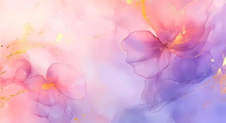 Abstract watercolor painting with delicate pink and purple floral shapes accented by shimmering gold ink and glitter