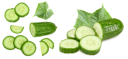 cucumber with slices isolated on white background. clipping path