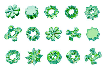 Green crystal collection object set pack isolated background 3d rendering	
