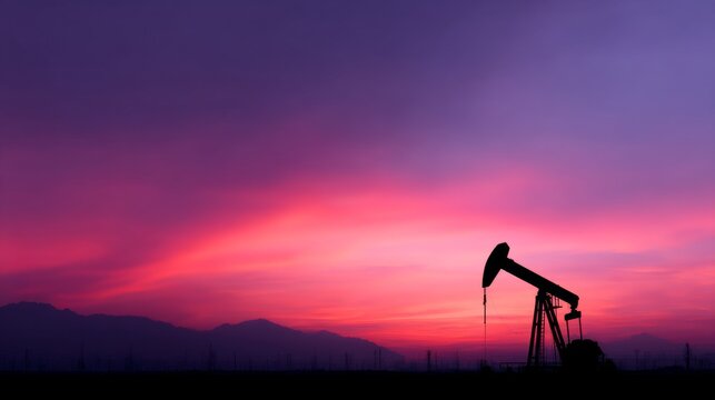 A stunning silhouette of an oil pump jack against a colorful sunset. The sky is filled with deep purples and vibrant pinks. This image captures the contrast of nature and industry. AI