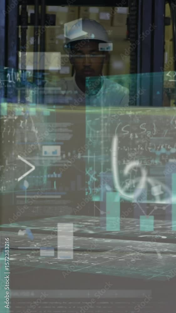 Poster animation of financial data processing over man working in warehouse