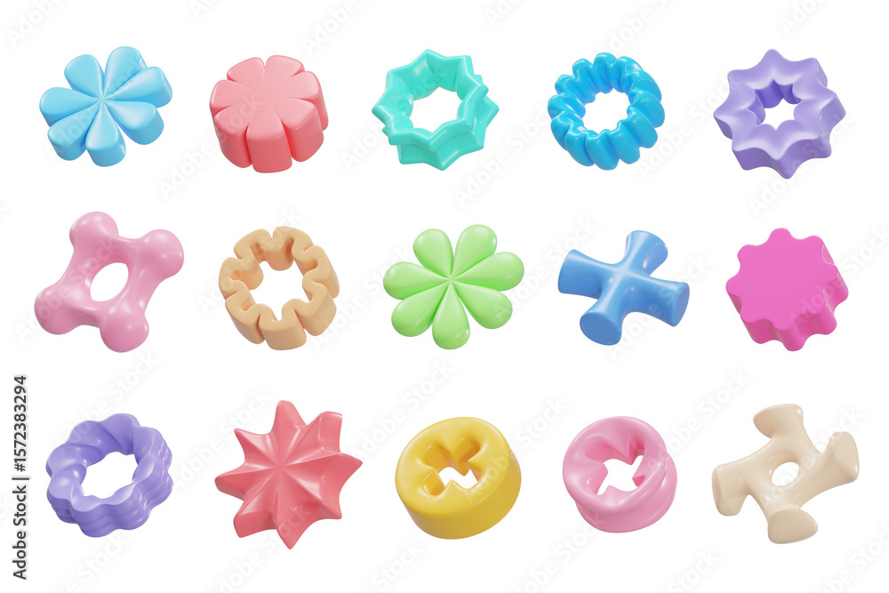 Poster Colorful object collection colorful element set pack isolated background 3d rendering	

