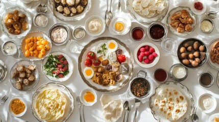 Lavish Traditional Breakfast Spread with Variety of Dishes and Ingredients