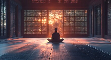 Silhouette of a person meditating in a traditional japanese room bathed in warm sunset light filtering through shoji screens