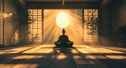 Silhouette of a person meditating in a traditional japanese room bathed in warm golden sunlight streaming through a shoji screen
