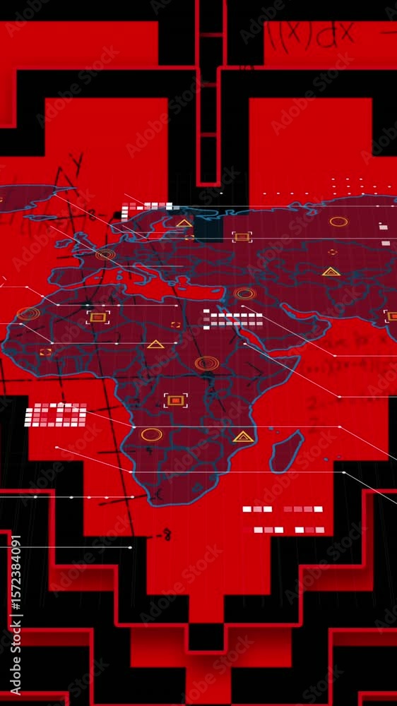 Poster animation of red hearts, data processing over world map
