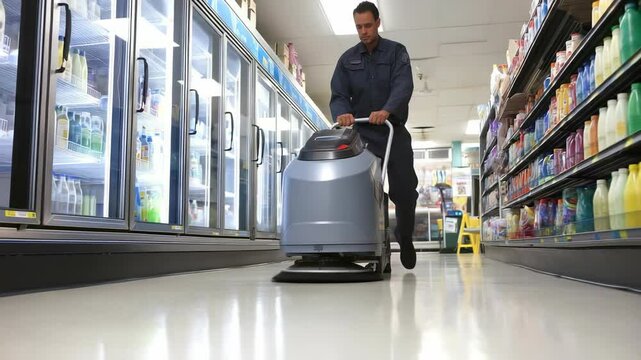 Cleaning the grocery store aisle with a floor scrubber during business hours for a fresh appearance