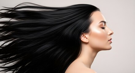 Beautiful Woman with Long Flowing Black Hair in Profile | Elegant Portrait for Hair Care and Beauty Product Marketing