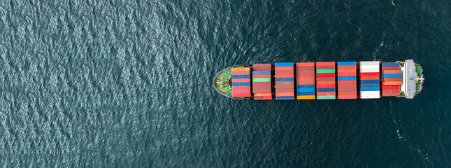 Aerial view container cargo ship freight shipping international, Global business freight shipping import export logistic transportation container ship, Container cargo ship sea freight container ship.