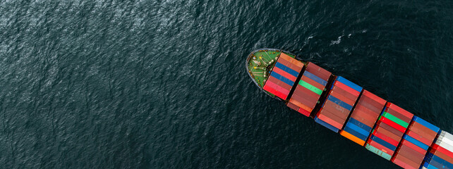 Aerial view container cargo ship freight shipping international, Global business freight shipping import export logistic transportation container ship, Container cargo ship sea freight container ship.