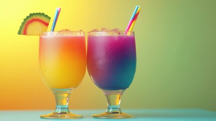 Refreshing Rainbow Drinks with Colorful Straws and Tropical Garnish