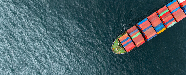 Aerial view container cargo ship freight shipping international, Global business freight shipping import export logistic transportation container ship, Container cargo ship sea freight container ship.