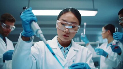 Diverse Scientists Conducting Research in Modern Laboratory with Blue Liquid. - Powered by Adobe