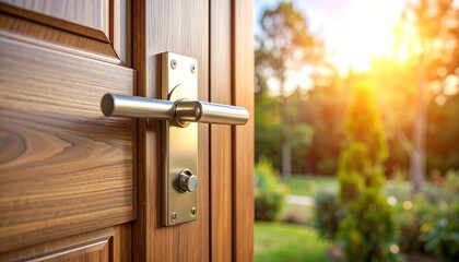 Obraz premium Wooden door with handle, sunlit garden view