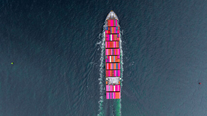 Aerial view container cargo ship freight shipping international, Global business freight shipping import export logistic transportation container ship, Container cargo ship sea freight container ship.