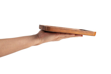 Wooden plate in hand on transparent background.