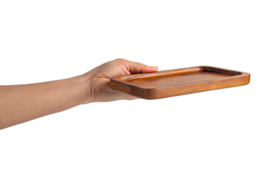 Wooden plate in hand on transparent background.