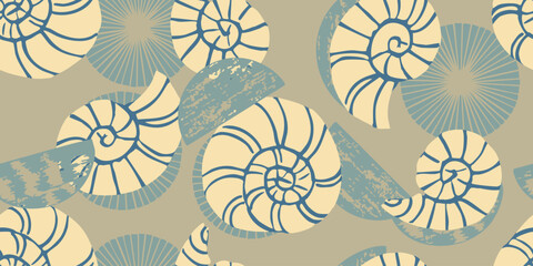 Seashells and Scribbles Seamless Pattern. Sea shell drawing. Seashell background.