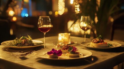 Obraz premium Romantic Dinner Setting with Elegant Dishes and Wine at Night