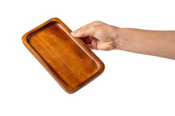 Wooden plate in hand on transparent background.