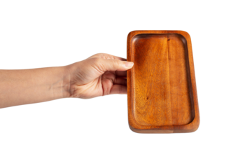 Wooden plate in hand on transparent background.