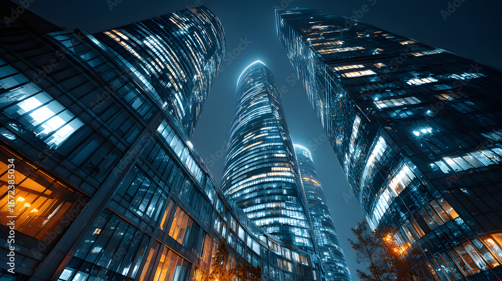 Poster a cinematic view of business skyscrapers with sharp architectural lines and brilliant reflections..