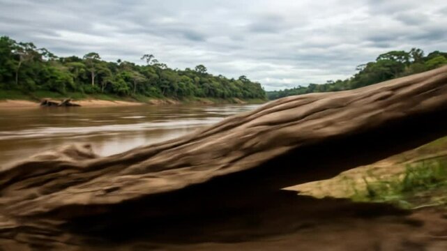 Close-up of a Northeastern Brazilian river with trees along the banks and a dry tree stump in the foreground, natural and rustic landscape, concept of regional nature, climate, and rural environment.