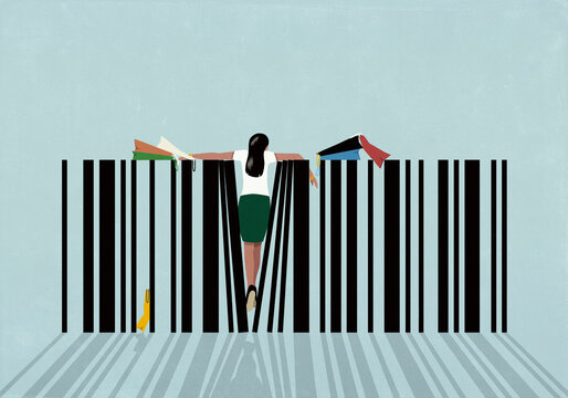 Woman with shopping bags squeezing between lines of bar code against blue background
