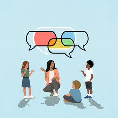 Multicolored speech bubbles overlapping above female teacher and school children talking
