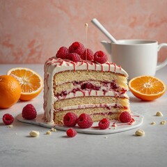 A white chocolate strawberry cake slice with pink layers and white curls, isolated on a zen-inspired wheat cream background

