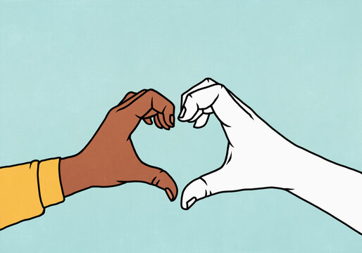 White and brown hands forming heart shape against blue background
