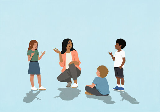 Female teacher gesturing, talking with multiracial school kids against blue background

