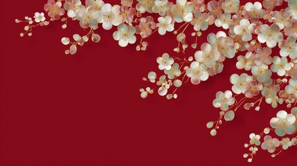 赤い背景に貝殻でできた梅の花