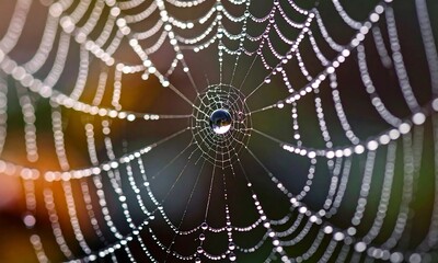 Naklejka premium Intricate Spiderweb Covered in Glistening Dew Drops with Soft Abstract Background — Delicate Nature Macro for Decorative, Conceptual, or Educational Use