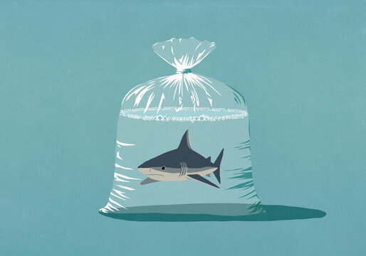 Tiny shark in plastic bag with water against blue background

