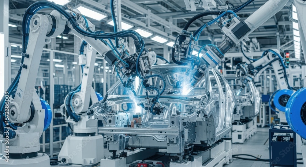 Poster team of robotic arms executing precise spot welding on car body frames within an automated productio
