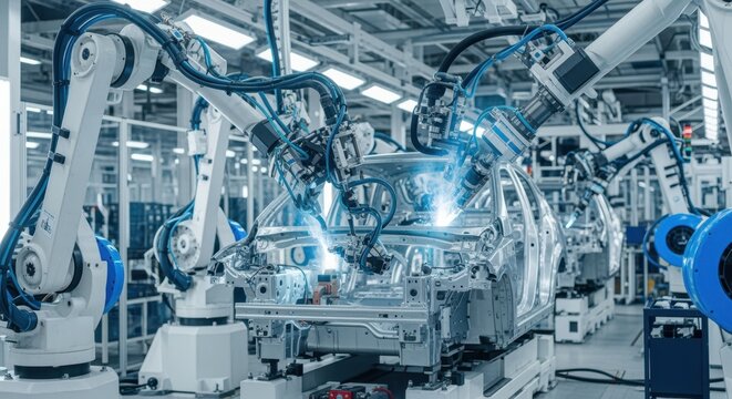 Team of robotic arms executing precise spot welding on car body frames within an automated production line at a cutting edge car factory, showcasing advanced technology and efficiency