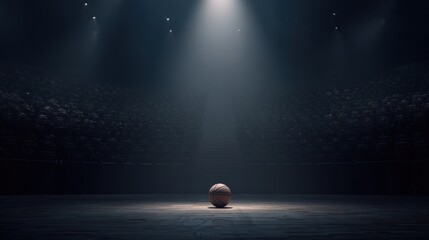 Elegant portrayal of a darkened basketball arena showcasing a lone basketball under an intense spotlight