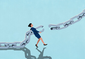 Businesswoman attempting to reconnect broken chain against blue background
