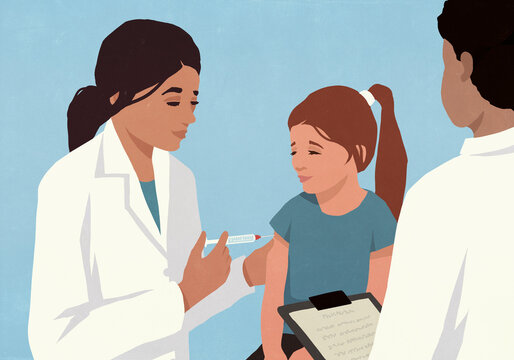 Female doctor with syringe giving vaccine to girl in doctor's office
