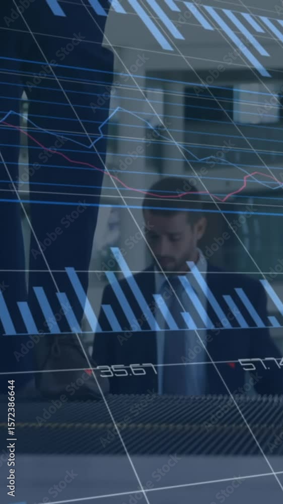 Poster animation of graphs, numbers and loading circles over caucasian businessman moving up on escalator