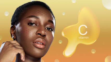 Woman showcases glowing skin with vitamin C essence in beauty routine at sunset